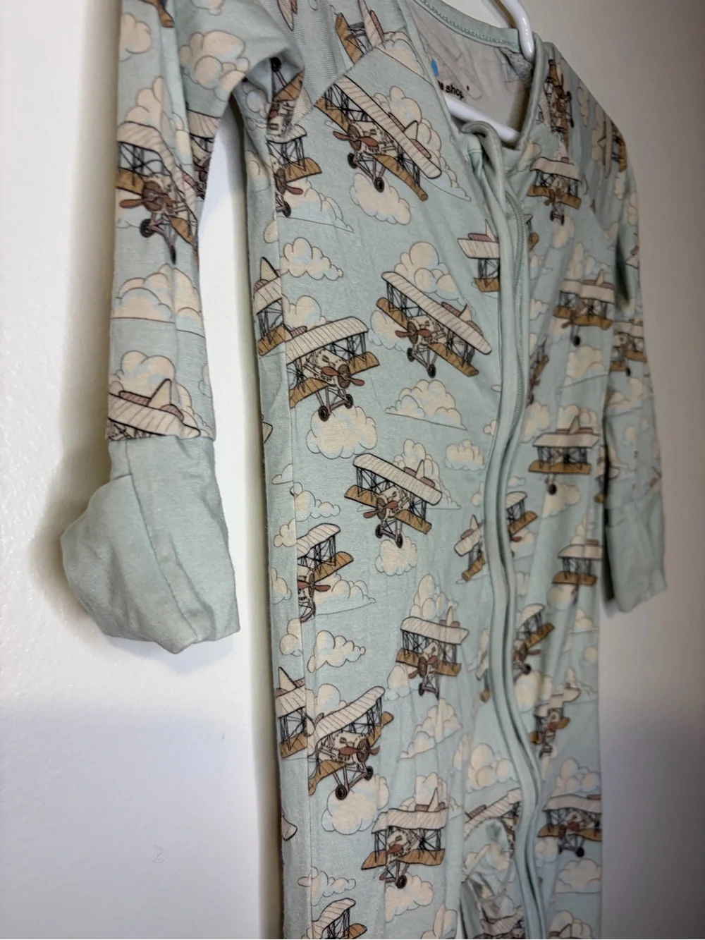 Airplane Print Footed One-Piece - Light Blue
